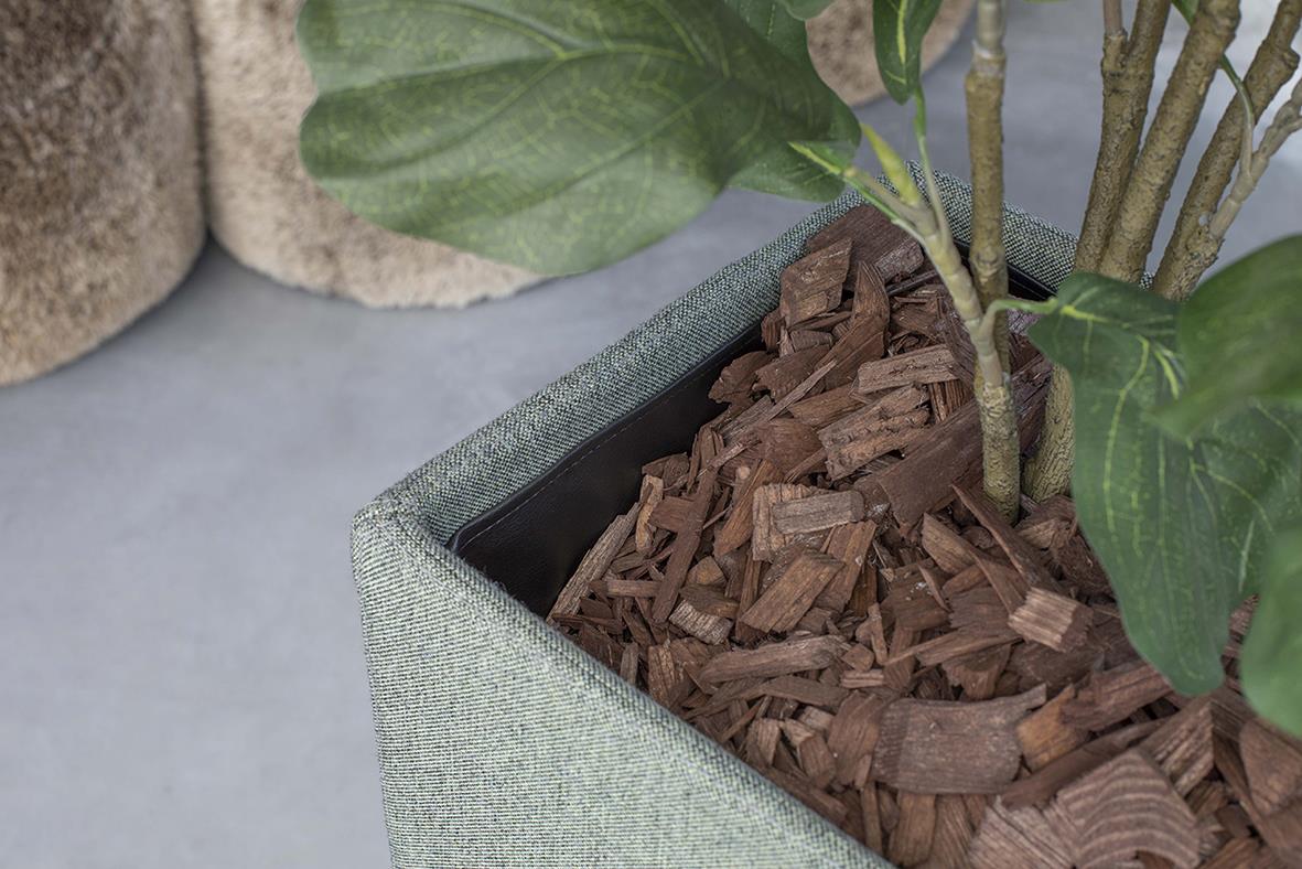 Nötbrun flis i en blomkruka med växt och andra krukor i bakgrunden