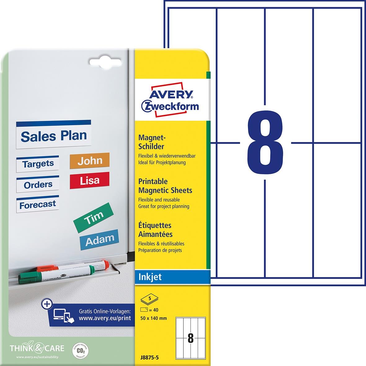 Magnetskyltar Avery Zweckform J8875 50x140mm, visar en stor magnetskylt med siffran 8 och en förpackning med magnetiska blad