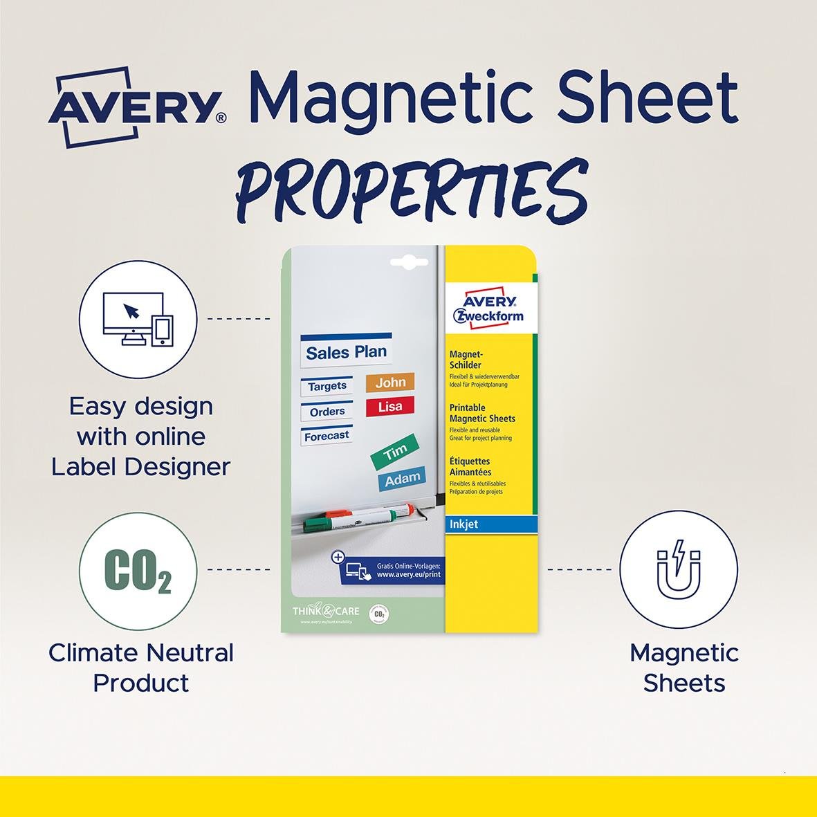 Magnetskyltar Avery Zweckform J8875 50x140mm, magnetiska blad för att skapa egna etiketter, lätt att designa online, klimatneutral produkt