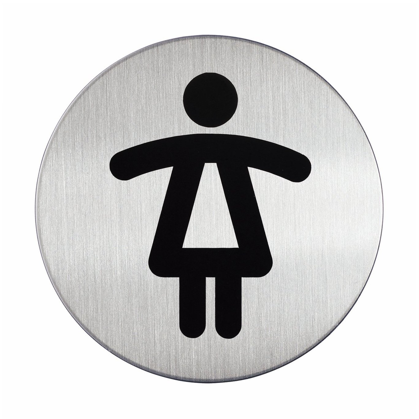 Rund symbolskylt för dam WC med svart ikon på metallbakgrund