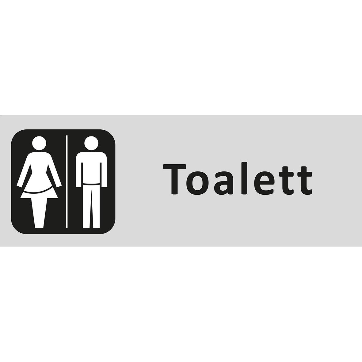 Informationsskylt för toalett Dam/Herr med symboler och text