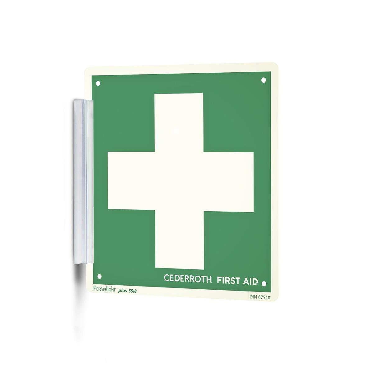 Skylthållare för första hjälpen-skyltar från Cederroth med grön bakgrund och vit korssymbol