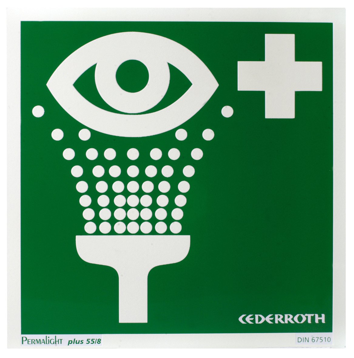 Skylt för ögondusch med symbol för öga och duschhuvud, 20x20cm, grön bakgrund och vit grafik