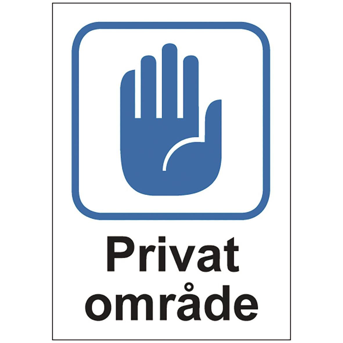 Blå varningsskylt med hand och text Privat område