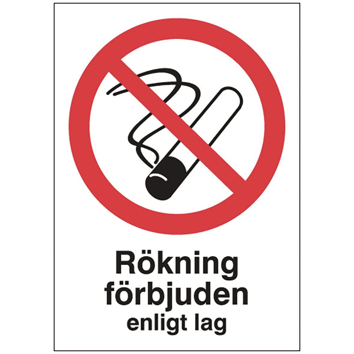 Skylt med rökförbudssymbol och text Rökning förbjuden enligt lag