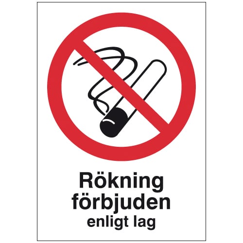 Skylt med rökförbudssymbol och text Rökning förbjuden enligt lag