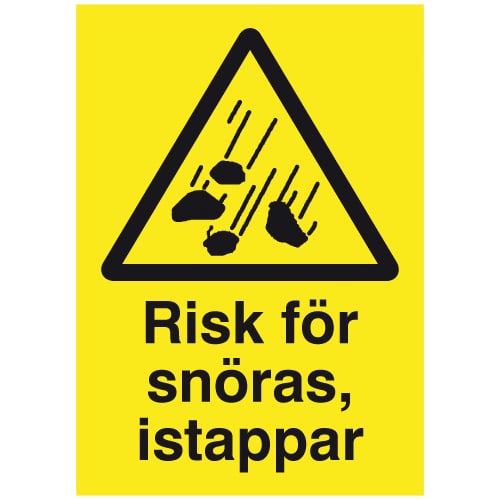 Varningsskylt för snöras och istappar med text Risk för snöras, istappar