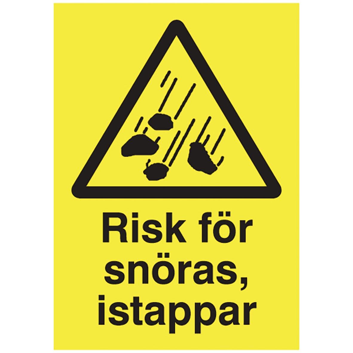 Varningsskylt för snöras och istappar med text Risk för snöras, istappar
