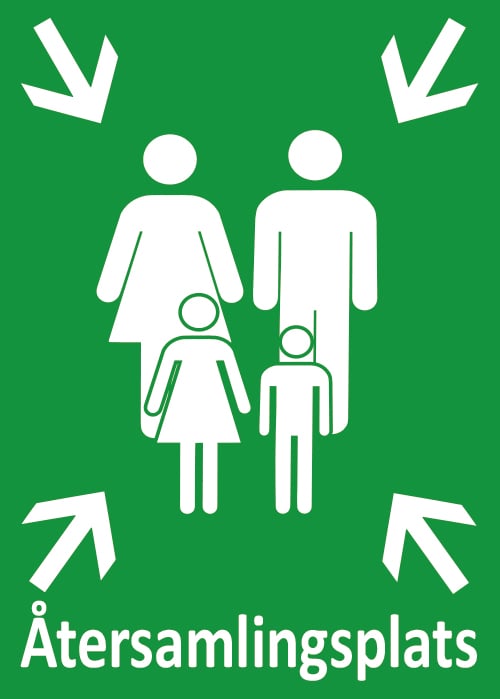 Skylt för återsamlingsplats med symbol av familj och pilar, aluminium A3, grön bakgrund