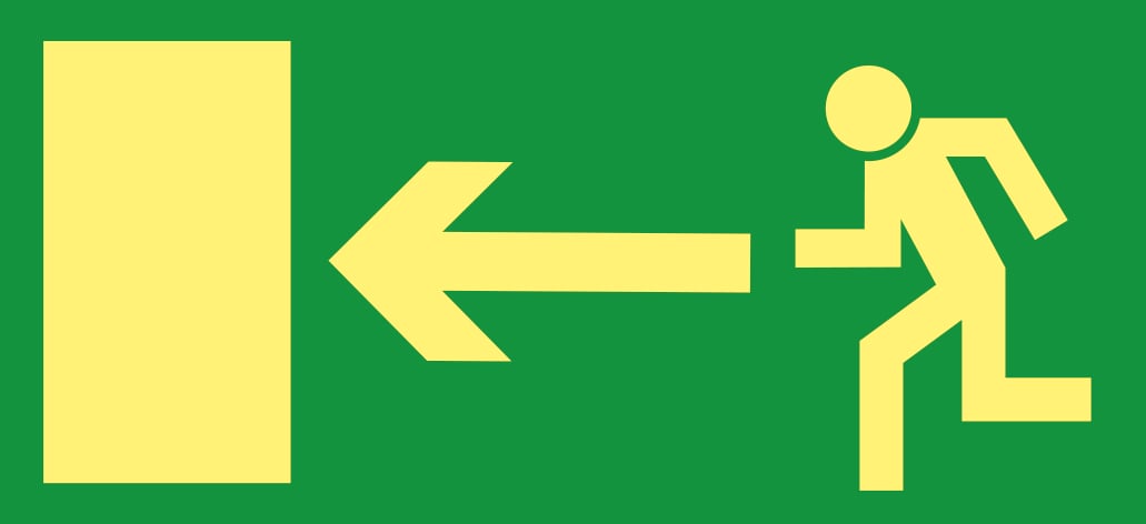 Skylt med pil vänster och springande person för nödutgång
