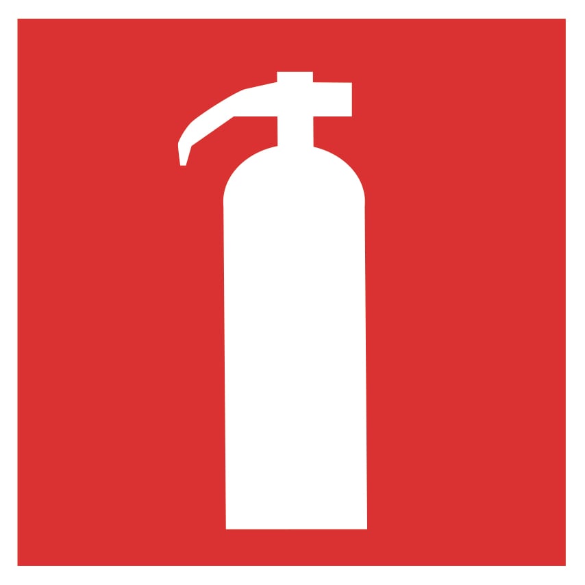 Röd skylt med vit brandsläckare symbol 200x200mm