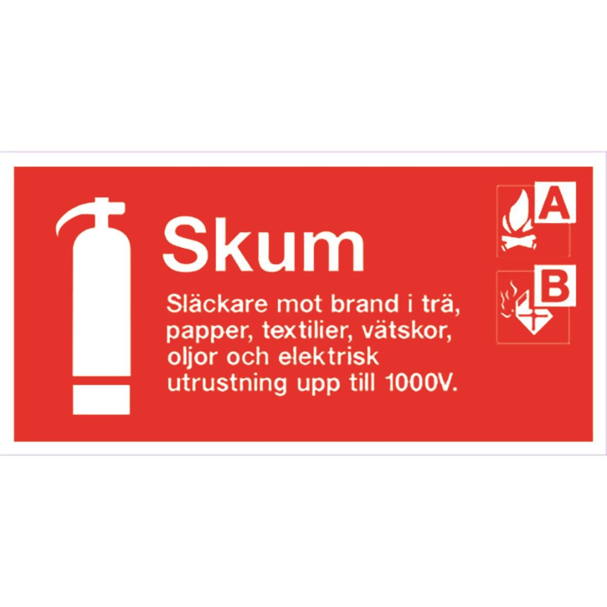 Skylt för brandsläckare skum 200x100mm med instruktioner och symboler för släckning