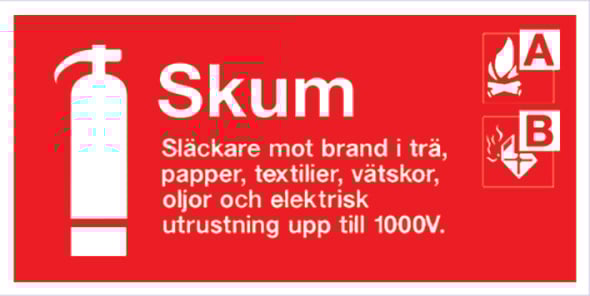 Skylt för brandsläckare skum 200x100mm med instruktioner och symboler för släckning