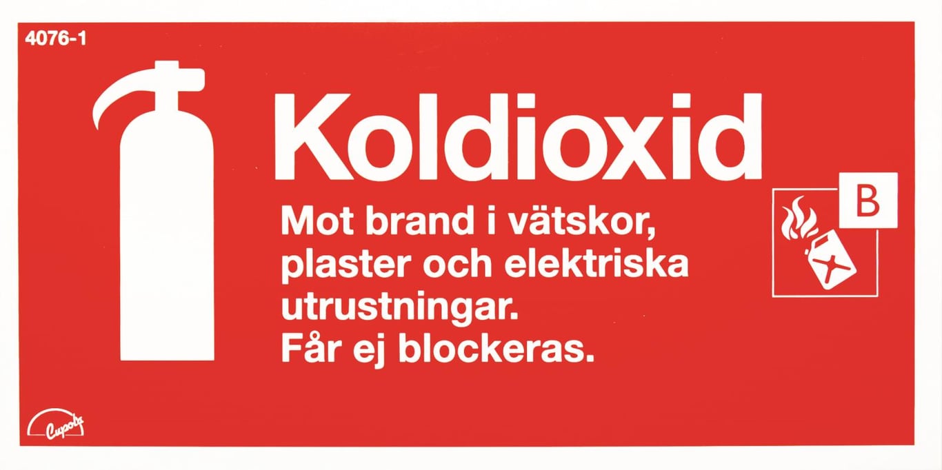 Skylt för brandsläckare Koldioxid 200x100mm med brandvarningssymbol och instruktioner