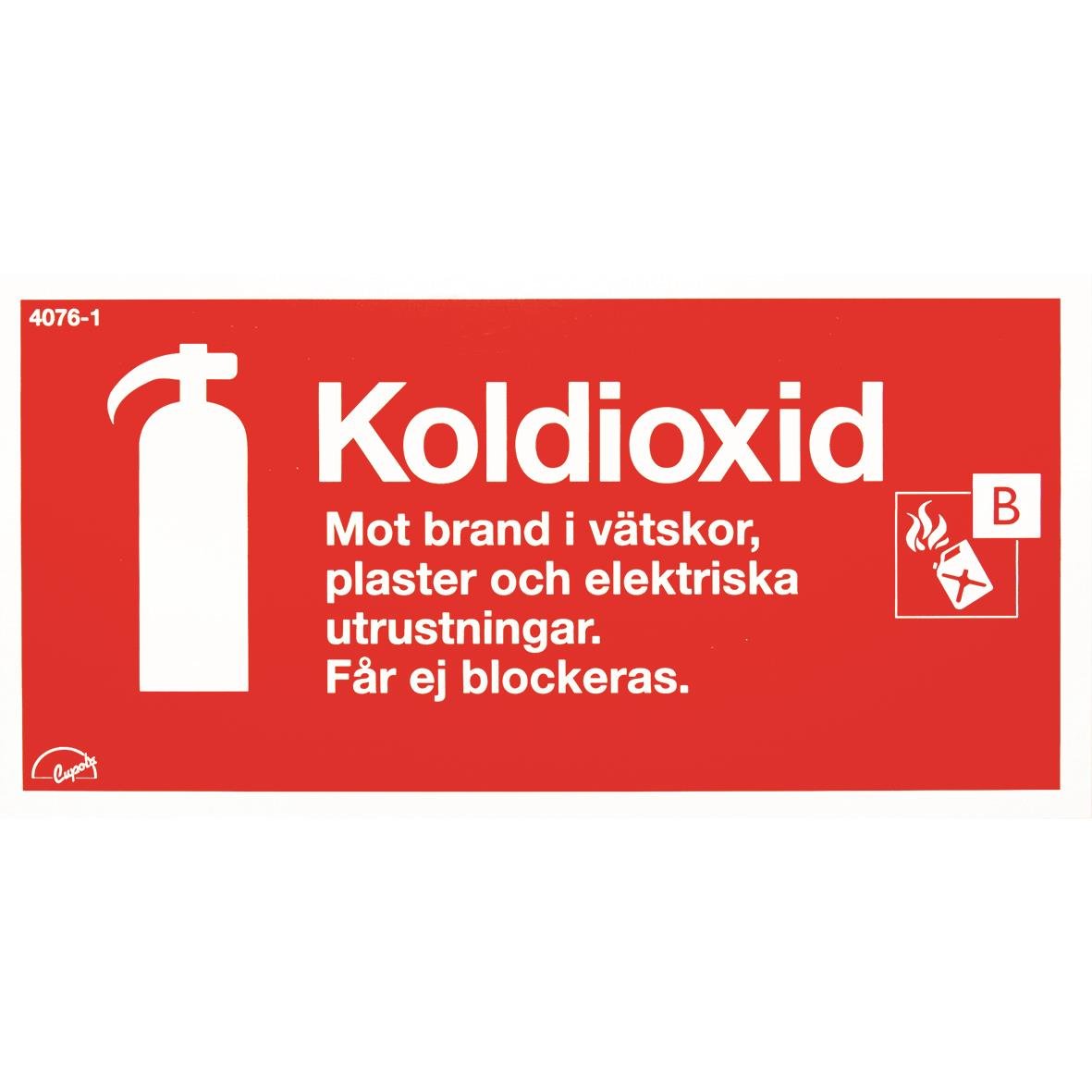 Skylt för brandsläckare Koldioxid 200x100mm med brandvarningssymbol och instruktioner
