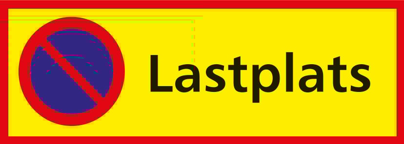 Skylt med text Parkering förbjuden Lastplats 590x210mm och symbol för förbjuden parkering