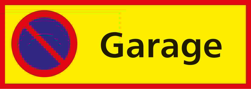 Skylt med texten Parkering förbjuden Garage 590x210mm och symbol för förbjuden parkering