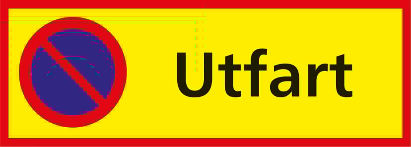 Skylt med texten Utfart och förbjuden parkering symbol på gul bakgrund