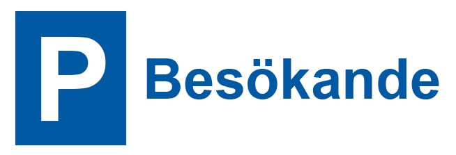 Skylt med blå bakgrund och vit text som säger P Besökande