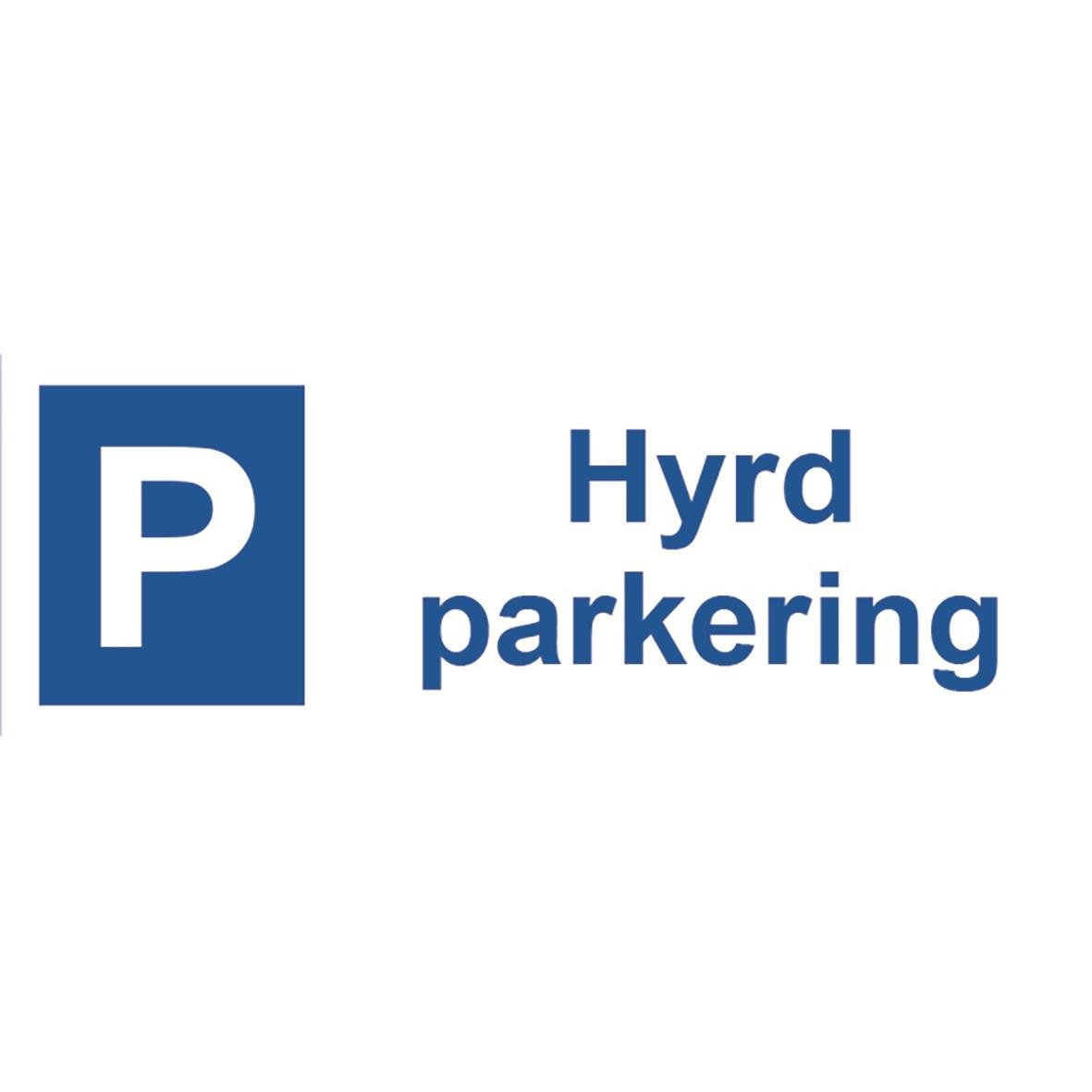 Skylt för hyrd parkering med blå bakgrund och vitt P-symbol samt text Hyrd parkering