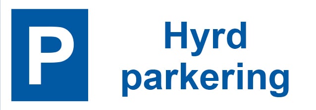 Skylt för hyrd parkering med blå bakgrund och vitt P-symbol samt text Hyrd parkering