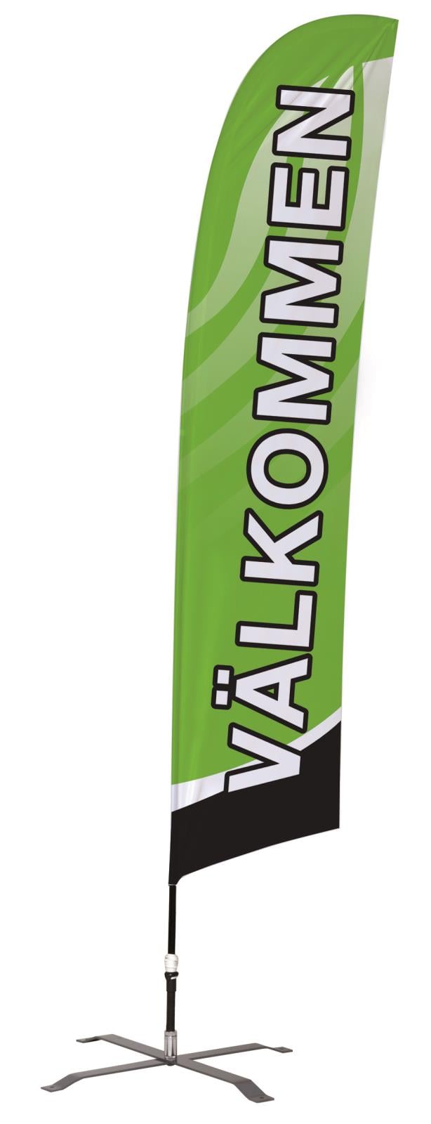 Grön beachflagga med text VÄLKOMMEN, inklusive stång och kryssfot
