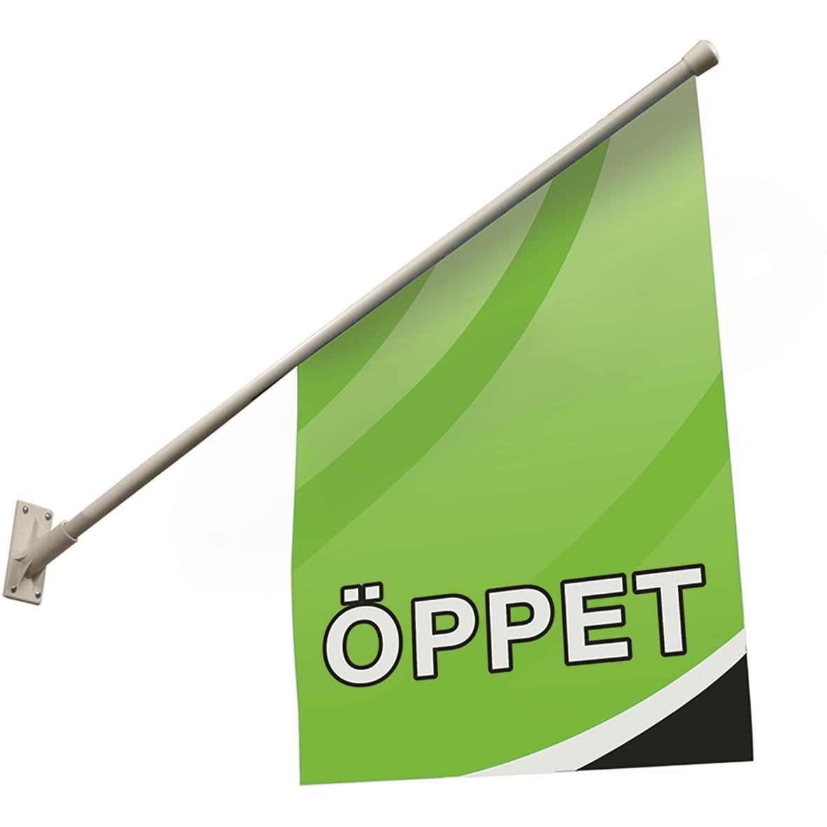 Fasadflagga med grönt design och text ÖPPET, monterad på stång 40x40x40cm