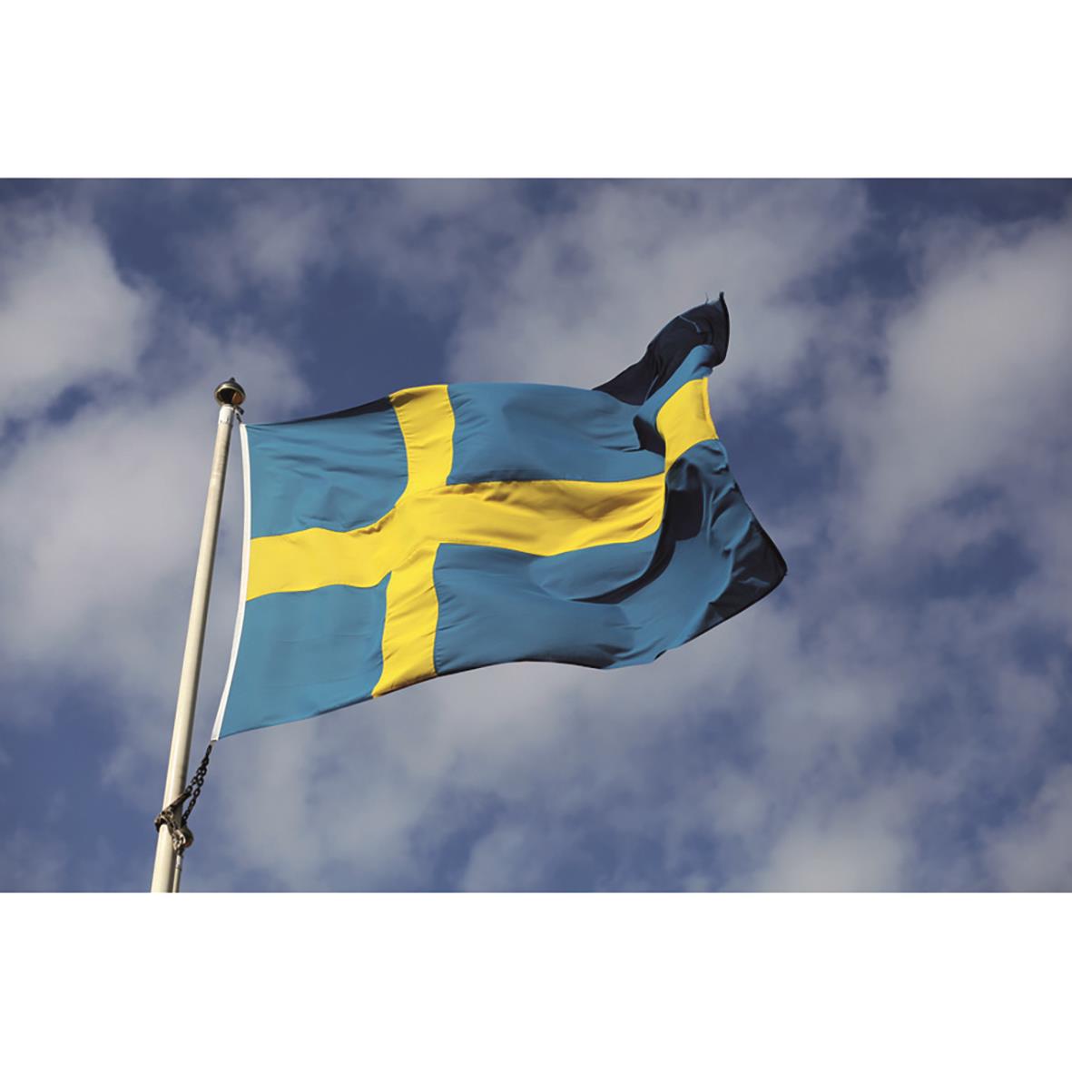 Svensk flagga i blått och gult fladdrar i vinden mot en molnig himmel