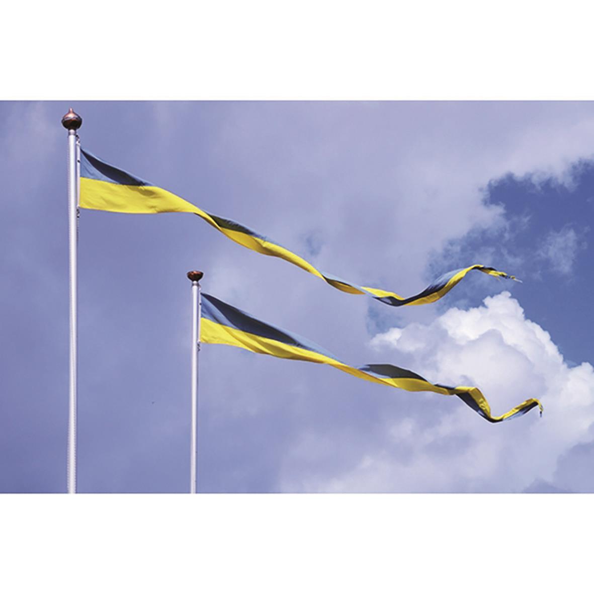 Två svenska flaggor på vimplar som vajar i vinden mot en molnig himmel