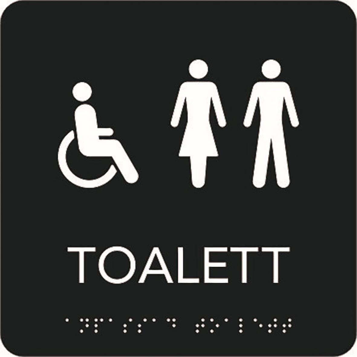 Skylt för toalett med symboler för rullstol, kvinna och man, svart med vit text och taktila punkter 150x150mm