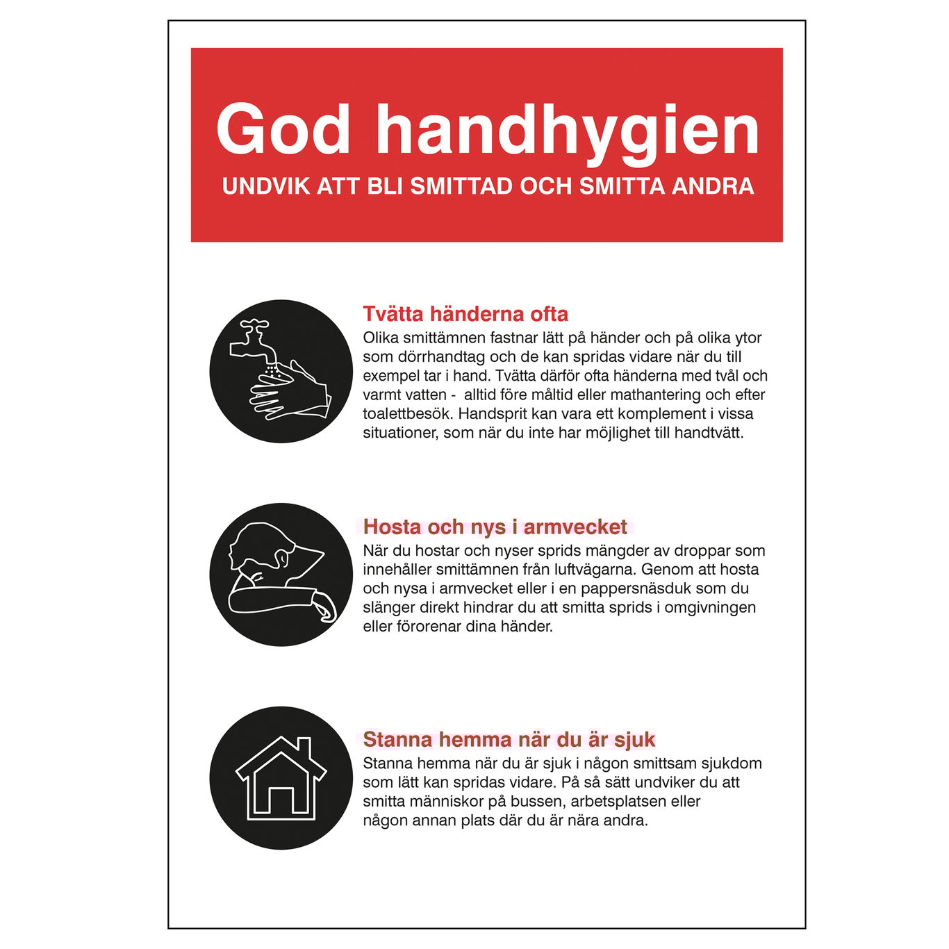 Dekal med råd om god handhygien för att undvika smittspridning, hosta och att stanna hemma vid sjukdom