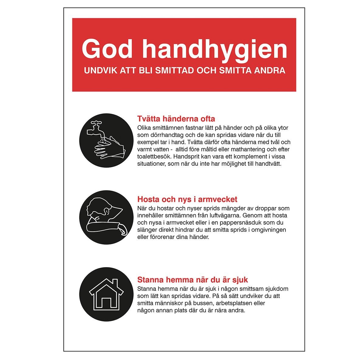 Skylt i plast med instruktioner för god handhygien och förebyggande av smittspridning