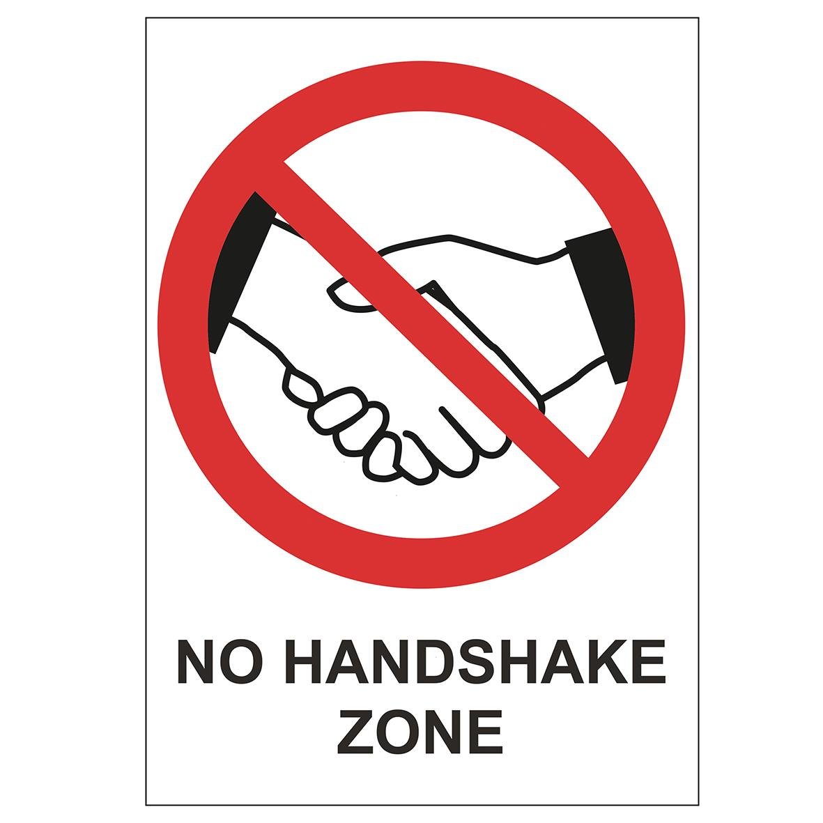Skylt med handslag förbjudet, rött streck över handskakning, text No Handshake Zone
