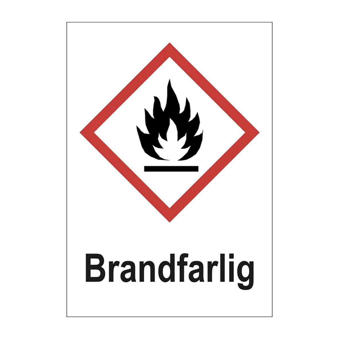 Skylt med brandfarligt plastsymbol och text Brandfarlig