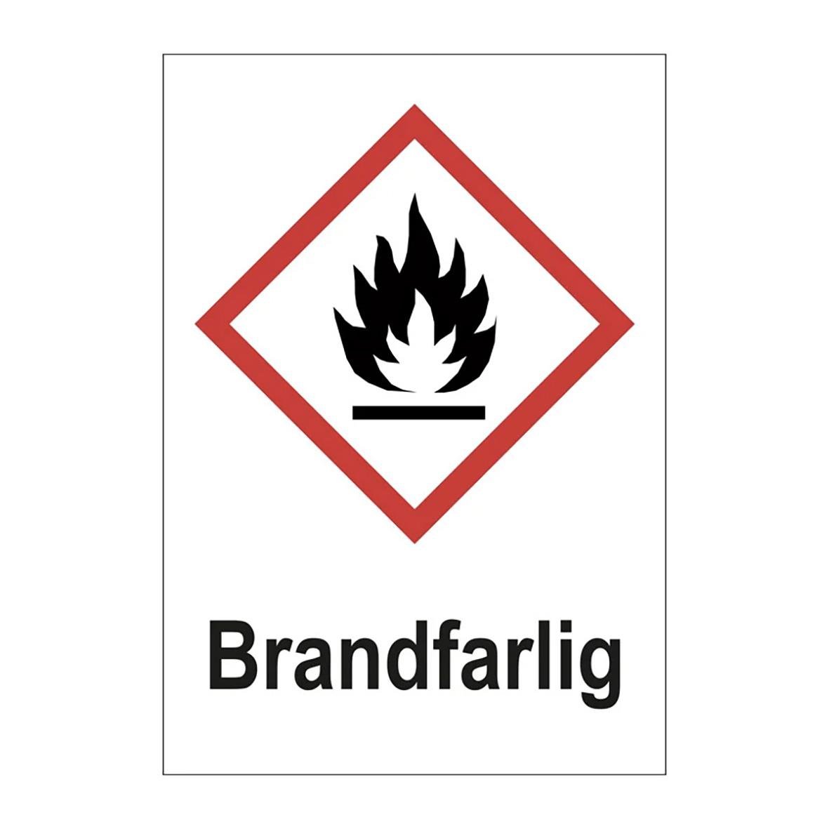 Skylt med brandfarligt plastsymbol och text Brandfarlig