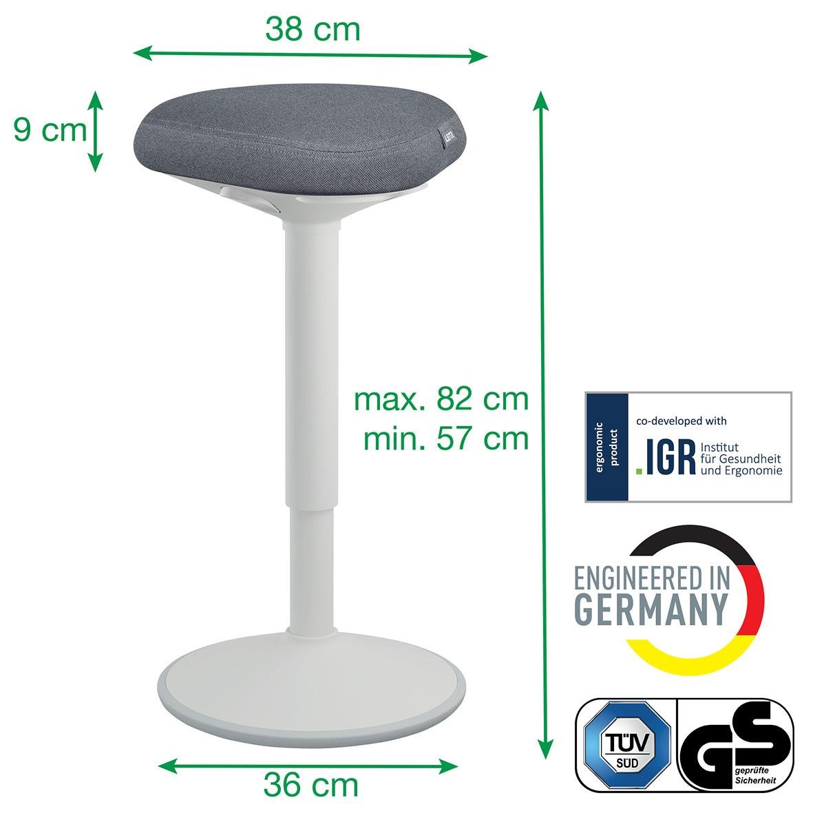 Ljusgrå stående pall Leitz Ergo Active med justerbar höjd, 82 cm max, 57 cm min, 38 cm bredd, 9 cm höjd