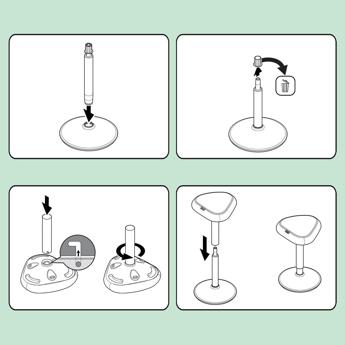Instruktionsbilder för montering av Leitz Ergo Active stående pall i ljusgrå färg