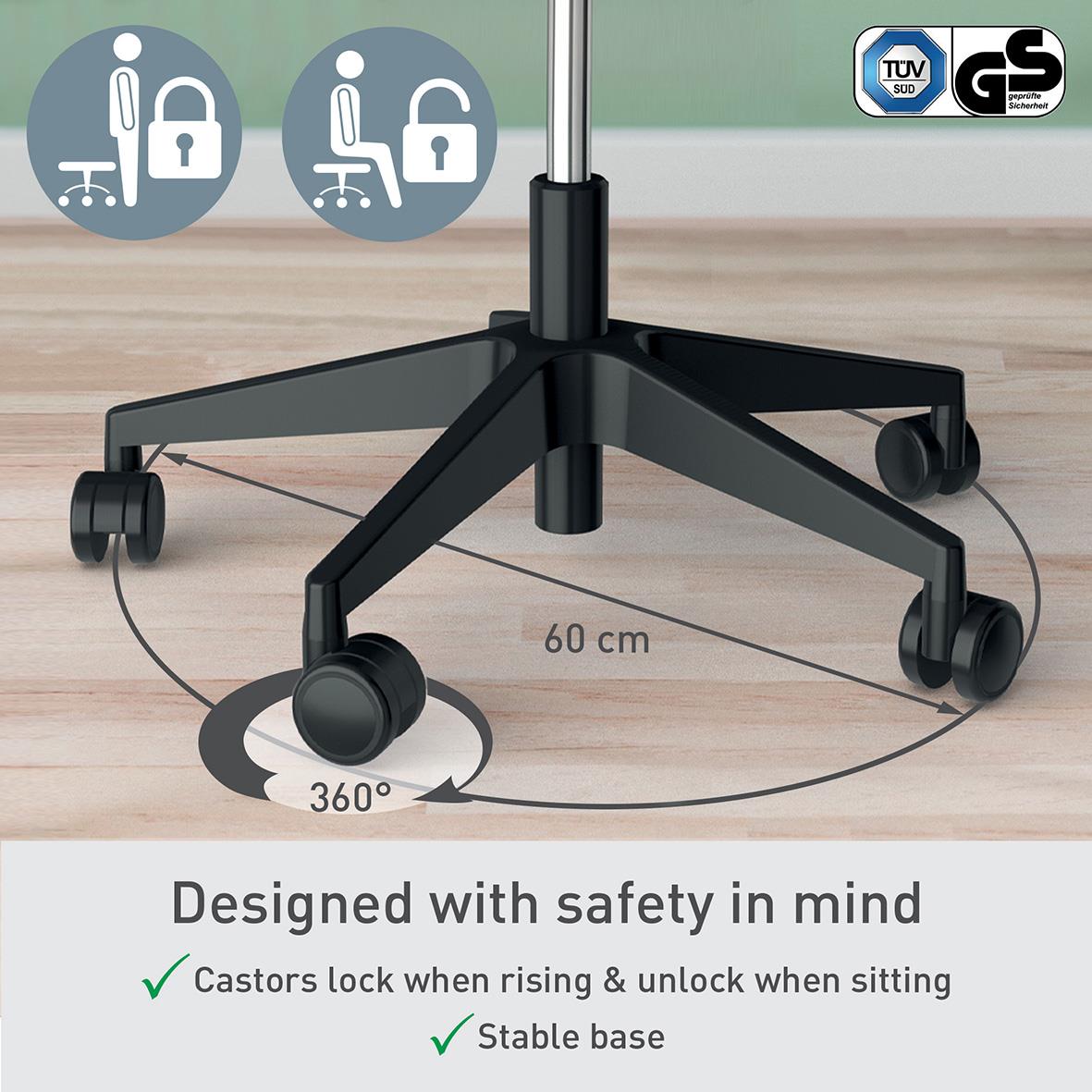 " sittpall med hjul och justerbar höjd, 360 graders roterande hjul, stabil bas, designad för säkerhet och komfort"