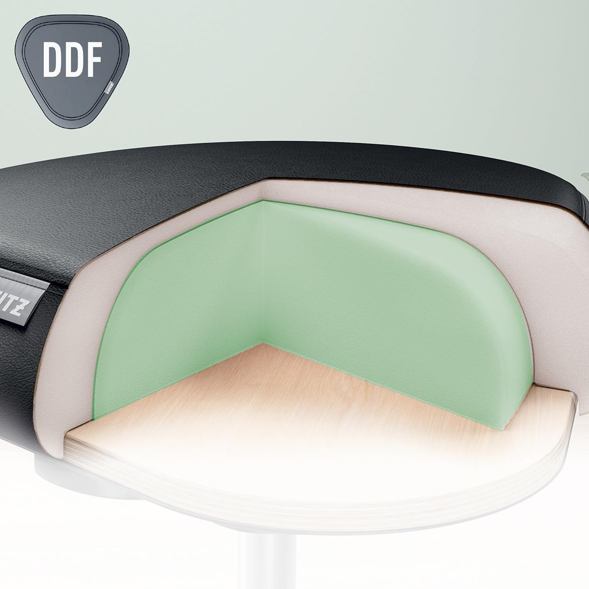 Svart sittpall med hjul och grön stoppning, ergonomisk design