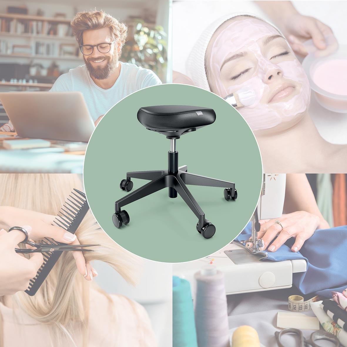 Sittpall Leitz Ergo Med Hjul Svart i centrum med personer som arbetar och skönhetsbehandlingar i bakgrunden