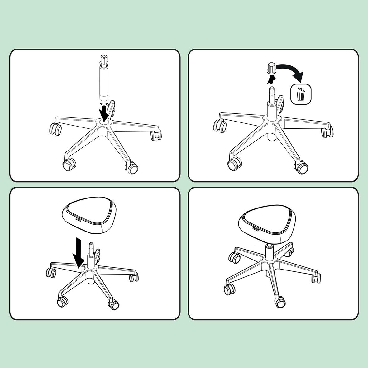 Instruktioner för montering av svart Leitz Ergo sittpall med hjul
