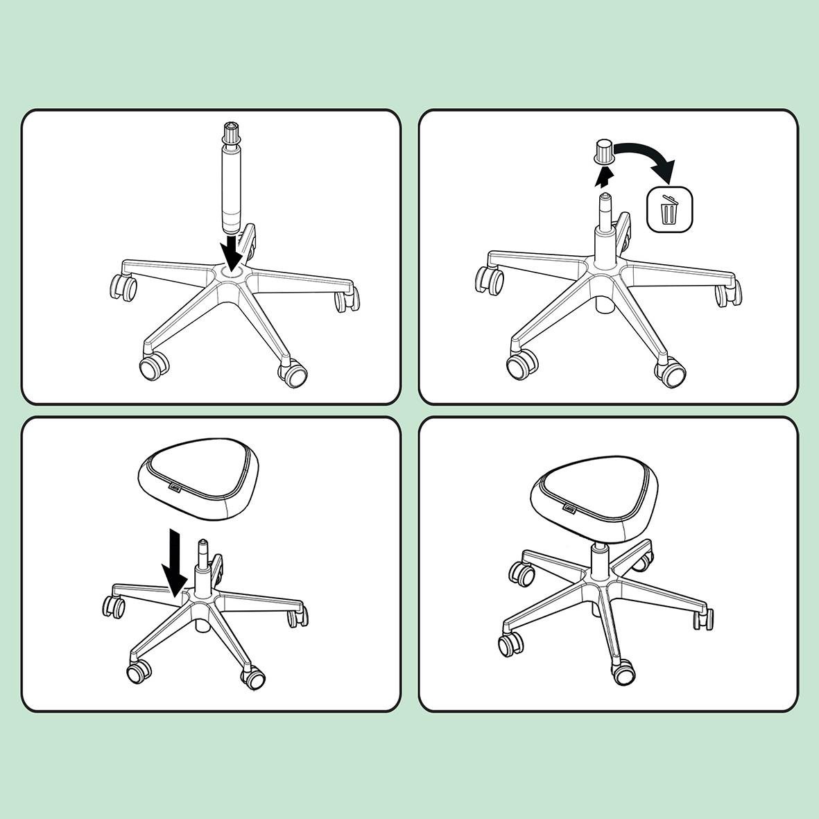 Instruktioner för montering av svart Leitz Ergo sittpall med hjul