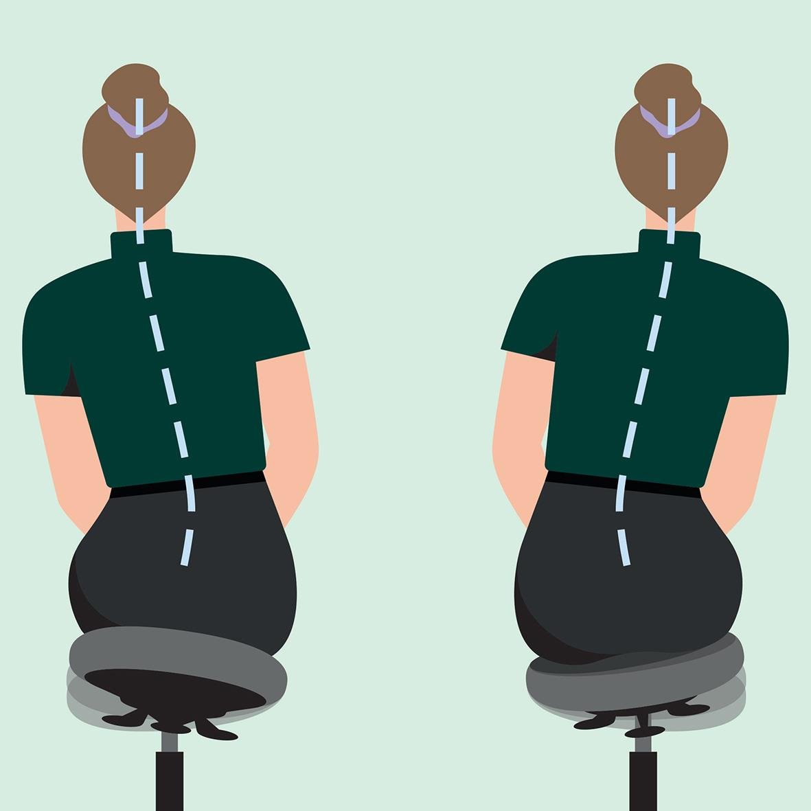 Illustration av en ergonomisk kontorsstol med justerbar rygg och hjul, sett bakifrån, med en person som sitter i stolen