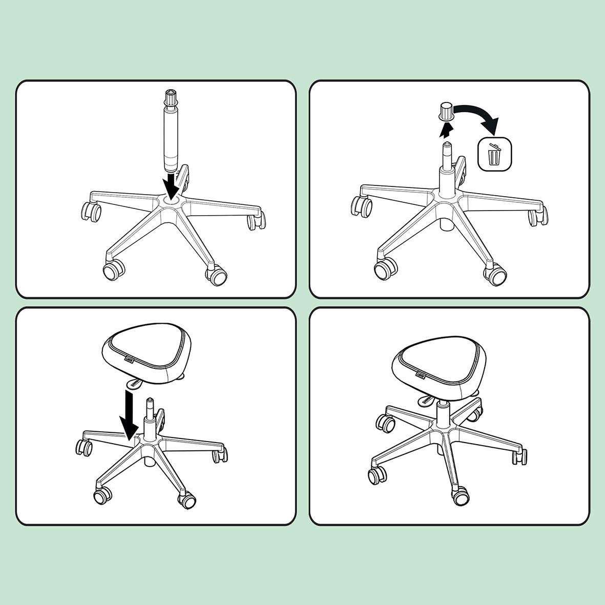 Stegvisa för att montera sittpall Leitz Ergo Active med hjul, inklusive höjdjustering och säkring