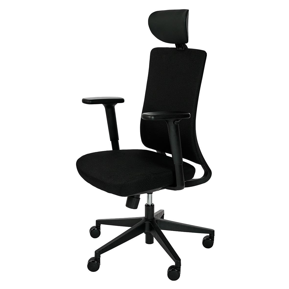 Svart kontorsstol med justerbar nackstöd och hjul