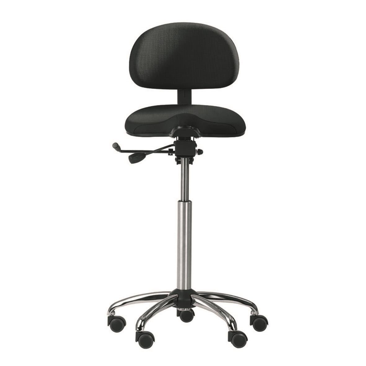 Svart sadelstol med justerbar höjd och hjul, stöd för rygg och sits