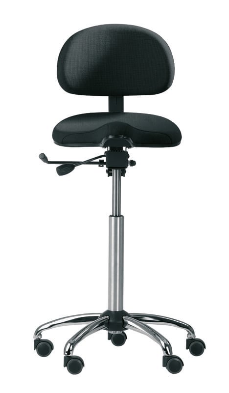 Svart sadelstol med justerbar höjd och hjul, stöd för rygg och sits