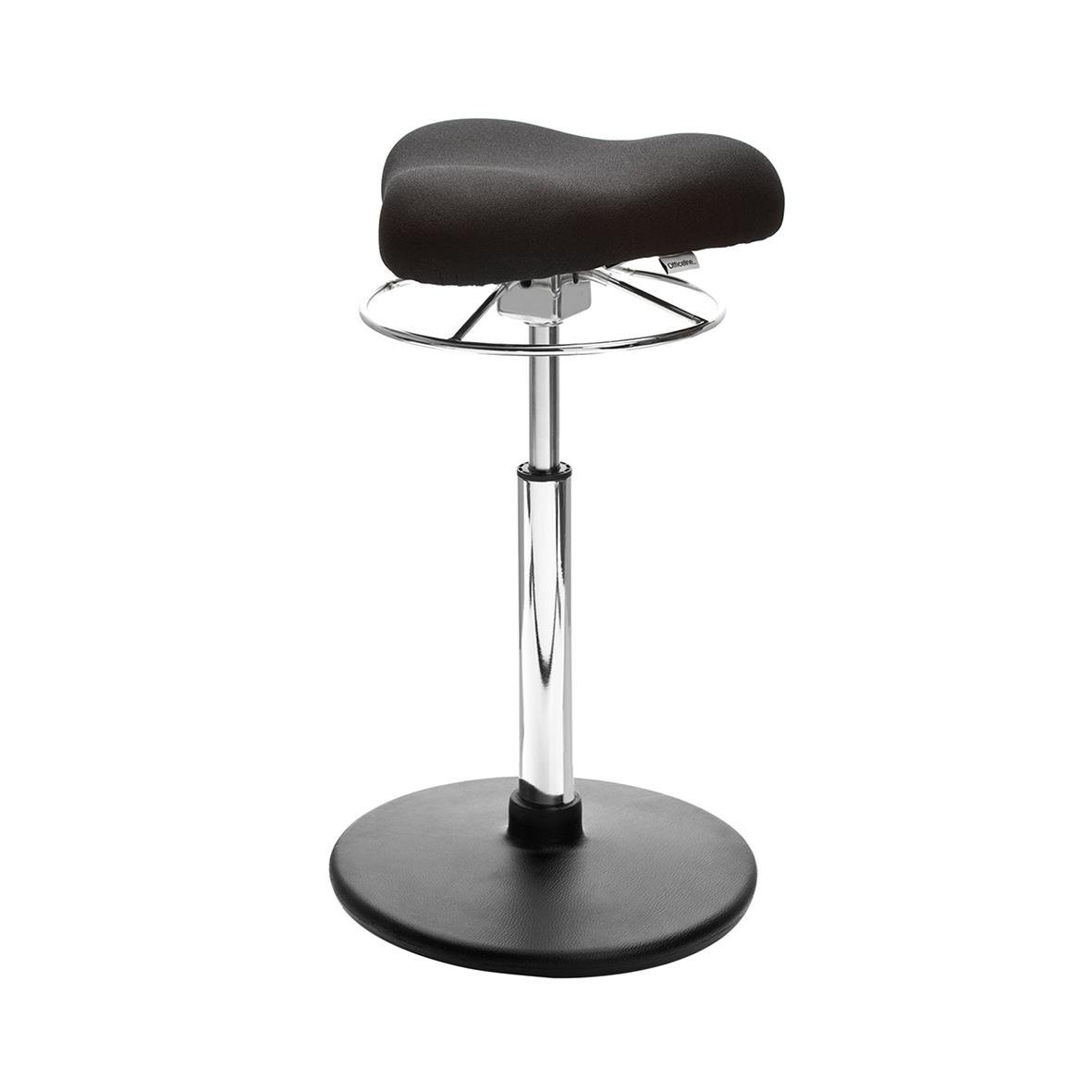 Svart sadelstol med justerbar höjd och rund fotplatta