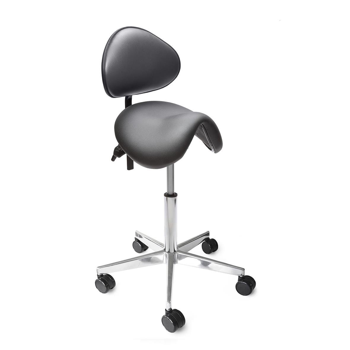 Svart sadelstol med ryggstöd och hjul, konstläder