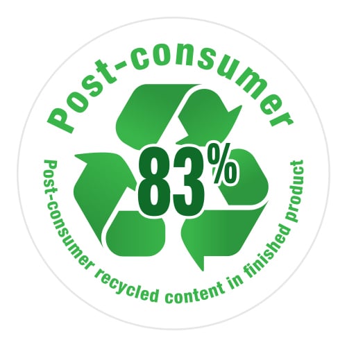 Post-consumer återvunnet innehåll 83% i grönt cirkeldiagram med återvinningssymbol